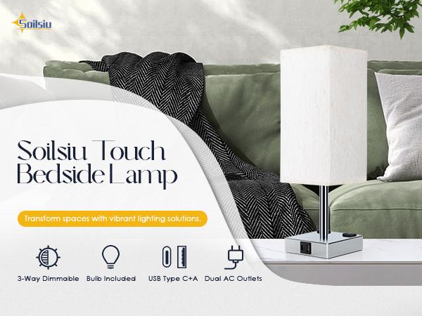 Touch Control Bedside Lamp - 3 Way Dimmable with USB C+A Charging, AC Outlets & LED Bulb Included nightstand lamp lamps Lighting Home Modern room stuff Bedroom Decorative
