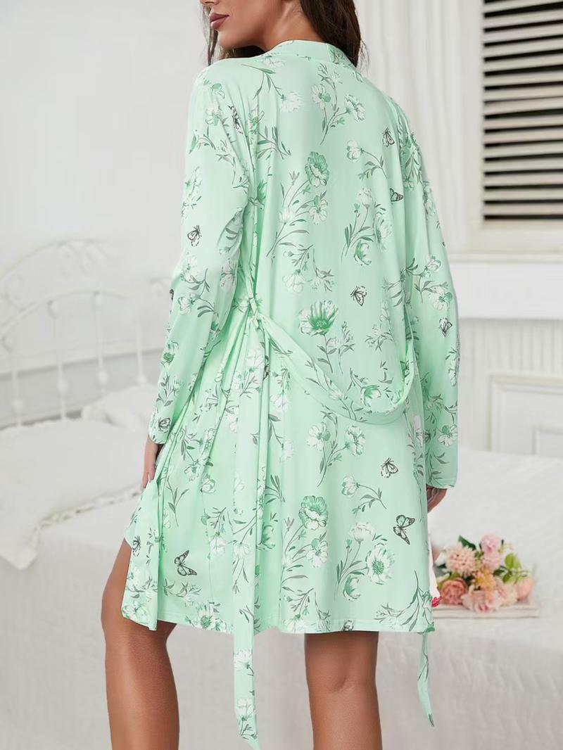 Women's Floral Print Lounge Set, Cami Top & Shorts & Open Front Outwear Three-piece Set, Casual Comfy Pyjama Set for Women, Nightwear, Womenswear, Pajamas, Loungewear