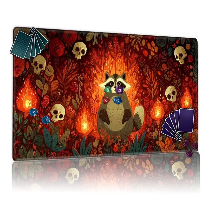 Whimsical Dark Magical Raccoon & Flames MTG Playmat - 12x24in Non-Slip, TCG Card Game Mat for Party Family Gathering, Perfect Gift with Skull & Autumn Foliage Design