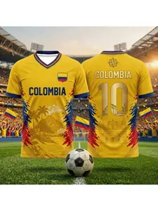 2026 Summer Colombia Theme 3D Print Soccer Jersey, Round Neck Short Sleeve T-Shirt, Breathable Men's Sports Top, All Seasons