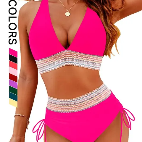 Two-piece Women's Patchwork Bikini Set, Casual Fashion Chic Swimsuit Set for Beach Vacation, Ladies Swimwear for All Seasons, Swimsuit Style Bikini, String Swimsuits, Swimwear Sets