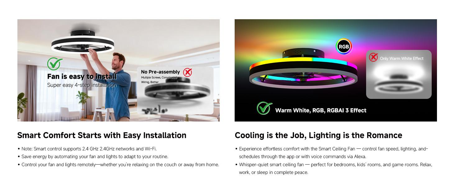 Smart RGB Ceiling Fan with Lights, 20" Modern Flush Mount Ceiling Fan Light, Dual Lighting Mode Low Profile LED Fan with Remote/APP Control, Works with Alexa & Google, for Bedroom Indoor Color Changing