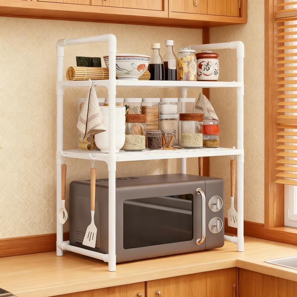Multi-Layer Kitchen Storage Rack with Hooks, Space Saving Countertop Organizer, Easy Assembly, Ideal for Condiment Jars and Utensils
