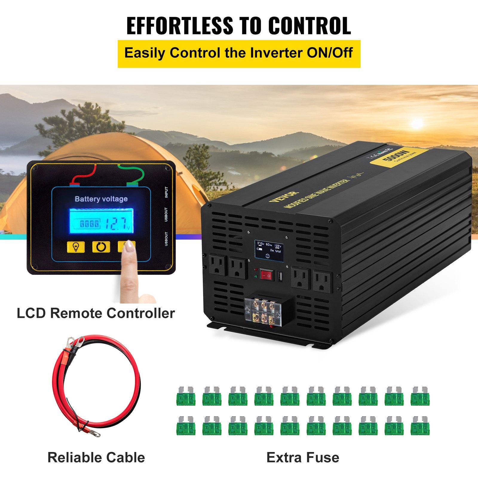 VEVOR 5000W Output Modified Sine Wave Power Inverter, DC 12V to AC 120V Car Converter with LCD Display, Remote Control, LED Indicator, AC Outlets for Car/Boat/RV Emergency Power