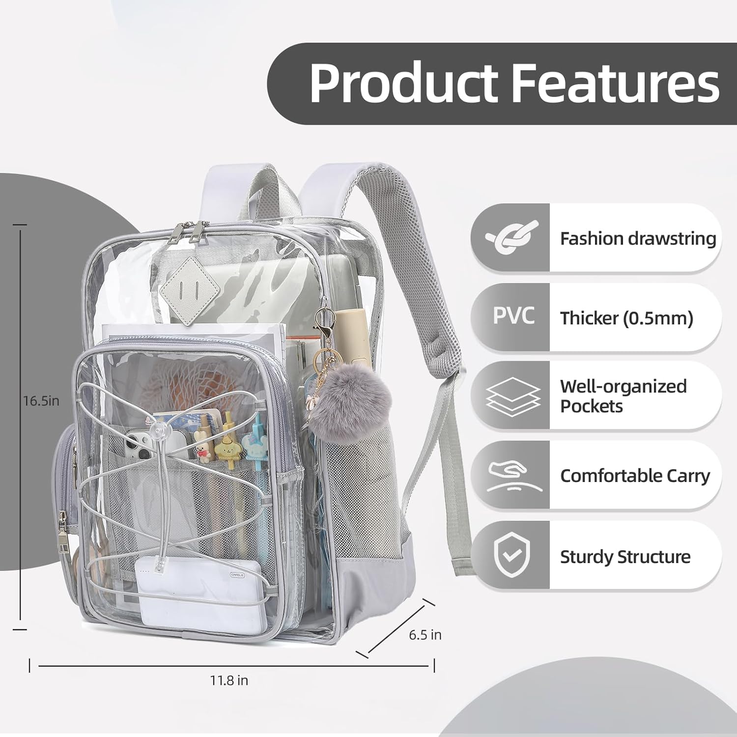 Clear Backpack for School Girls Women, Boys  Heavy Duty PVC Transparent Backpacks See Through Clear Bookbags Light Grey