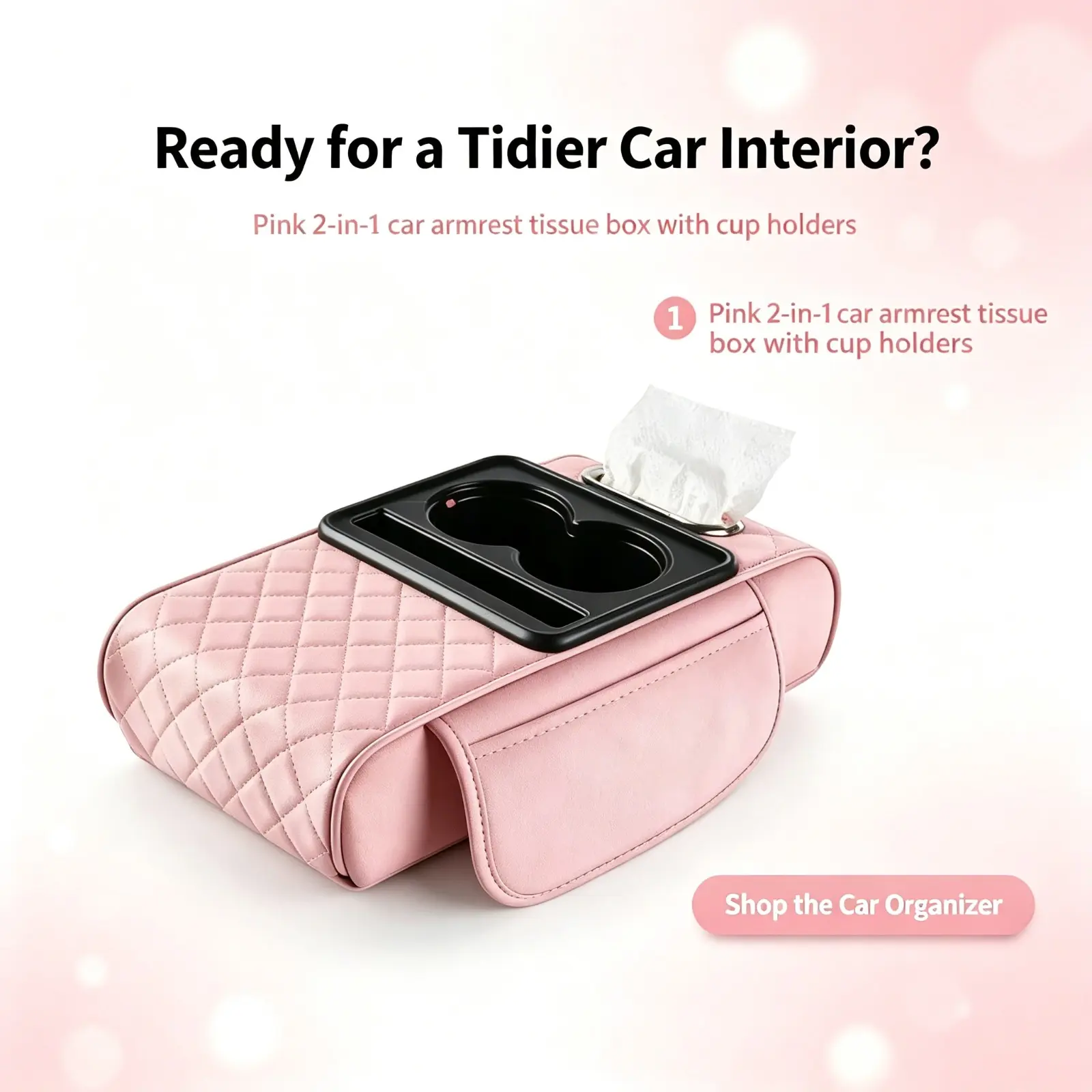 Pink Leatherette 4-In-1 Car Armrest Organizer - Vehicle Console Accessory with Memory Foam Cushion, Storage + Cup Holder, Tissue Box, Hidden Compartment - Fits Cars/SUVs for Interior Tidy