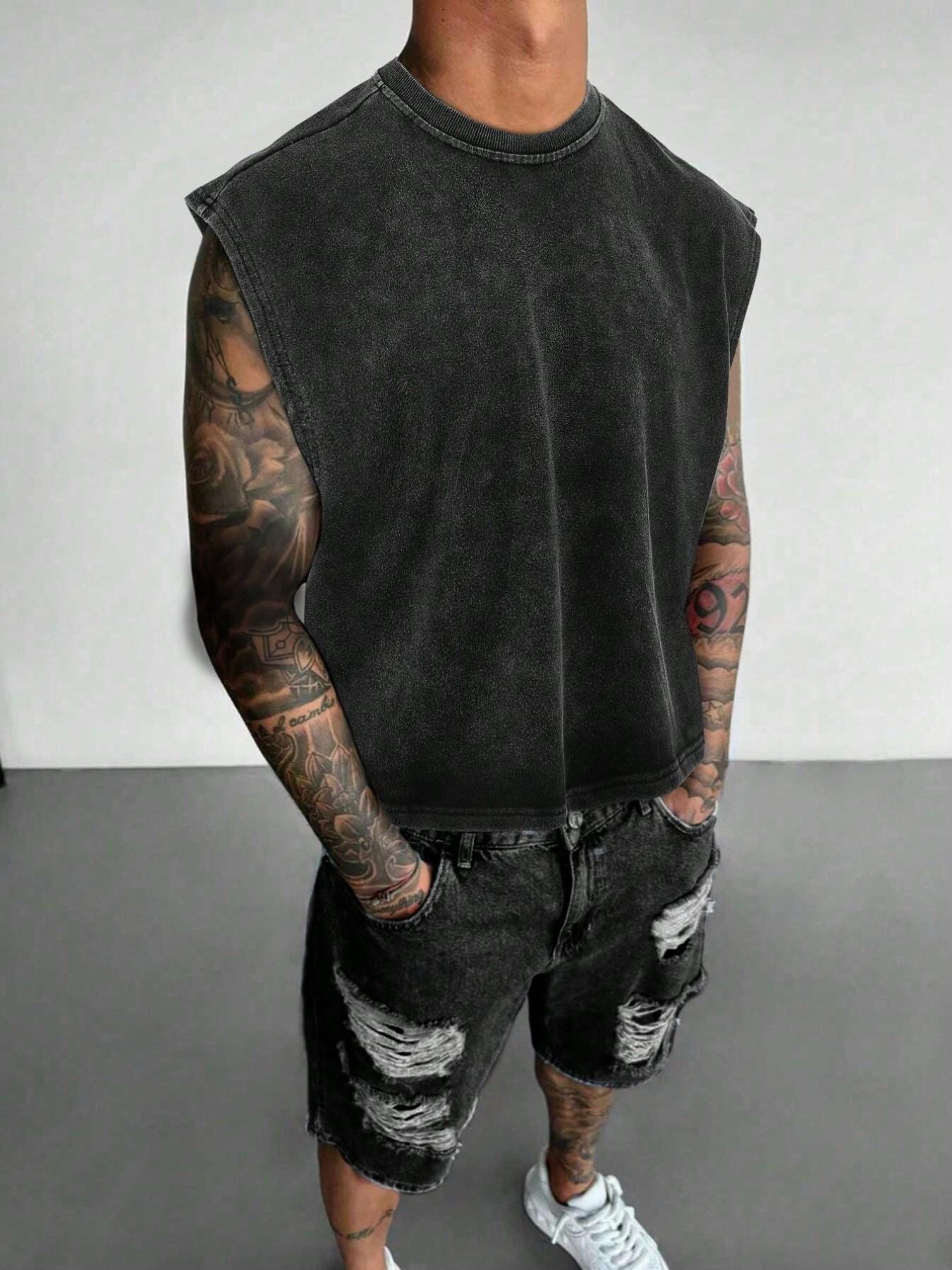 【TDOTW】Men's Washed Sleeveless Fitted Casual Plain Vest, high-quality cotton, all-day wear, street culture effect, enhance comfort and fashion