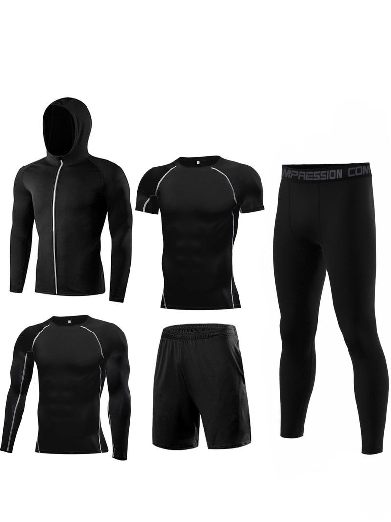 Men's Solid Tracksuit Set, Sporty Zipper Hooded Jacket & Top & Short Sleeve Tee & Letter Tape Waist Leggings & Drawstring Shorts, Casual Summer Outfits