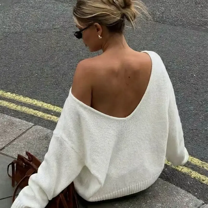 Elegant Casual Chic Off-Shoulder Soft Knit Top, Winter Loose Fit Oversized Long Sleeve Shirt, Women's Streetwear, Vacation Party