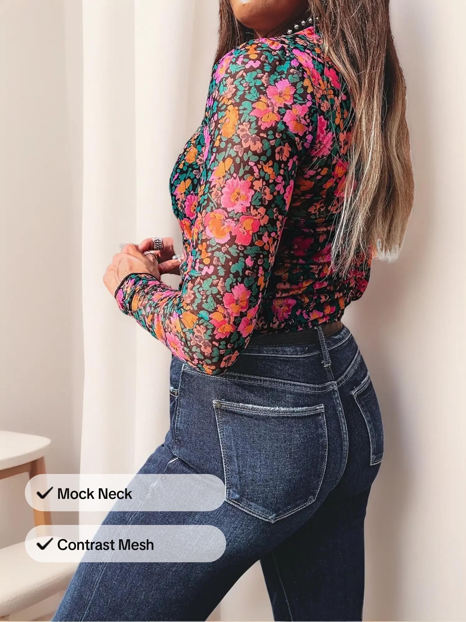 Spring & Fall Women's Rose Print Mesh Long Sleeve Stand Collar Fitted Top, Stylish and Comfortable Casual Wear, Perfect for Daily Use