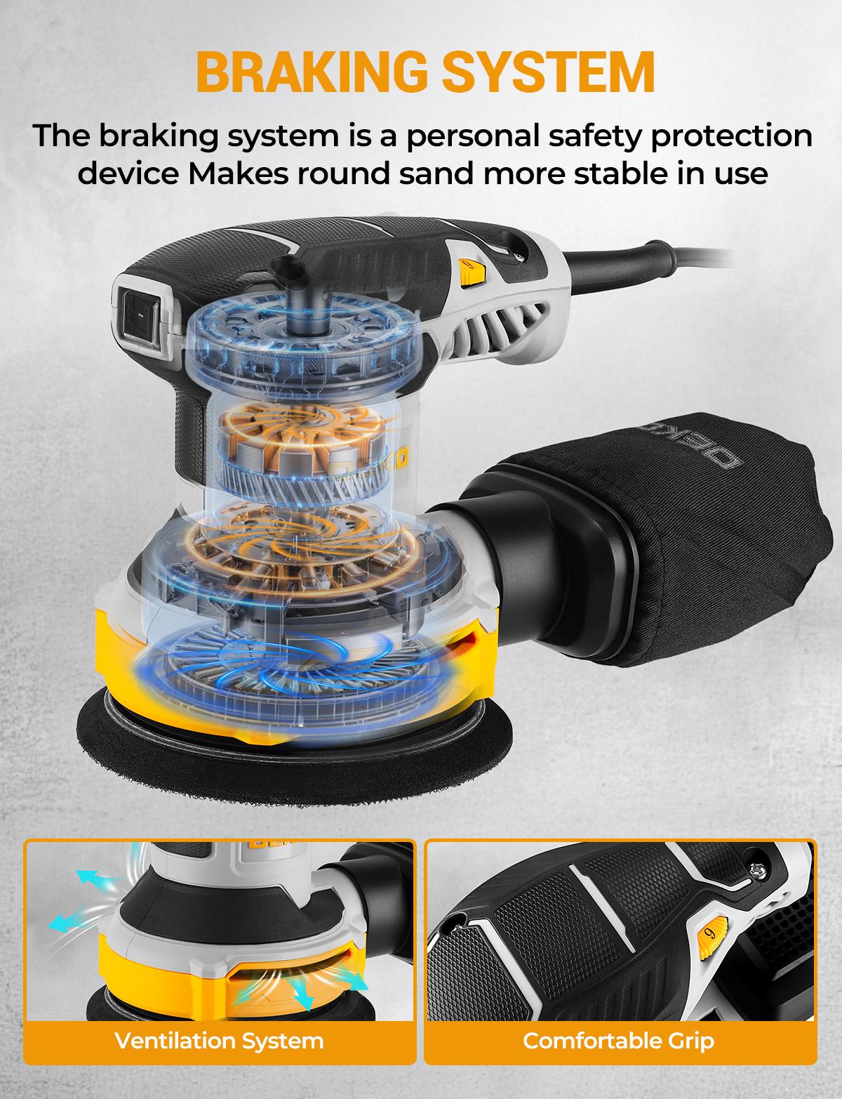 DEKOPRO Random Orbital Electric Sander with 16 Sandpapers, 14000RPM, 5-Inch, High Performance Dust Collection - For Woodworking DEKOPRO Random Orbital Electric Sander with 16 Sandpapers, 14000RPM, 5-Inch, High Performance Dust Collection - For Woodworking