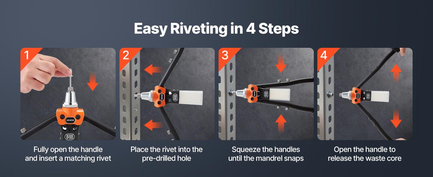 VEVOR Pop Rivet Gun Kit, with 230 Blind Rivets, Two-Handed Riveter with 5 Interchangeable Nosepieces, 5 Drill Bits, and a Carrying Case, Manual Riveting Tool for Metal, Automotive, Home, and DIY