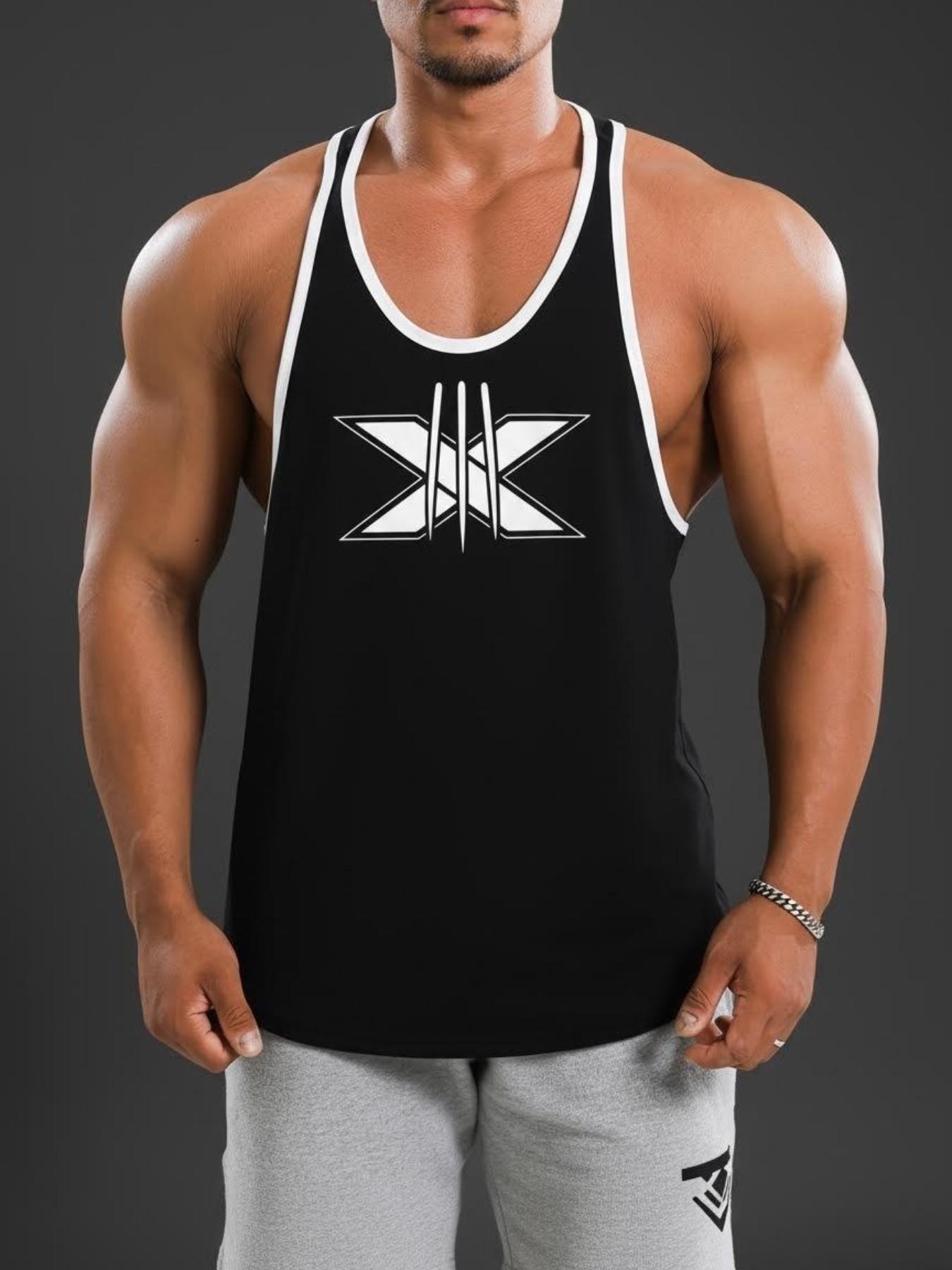Men's Fitness X Logo Colorblock Tank Top, American Style Sporty Sleeveless T-Shirt, Weight Training Quick-Dry Breathable Shirt