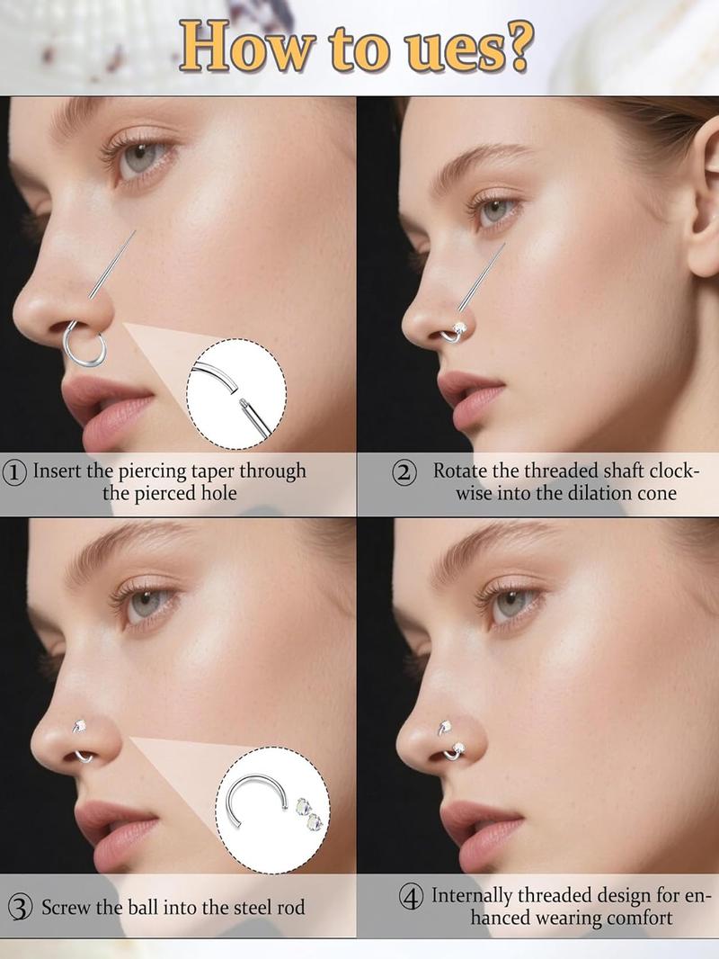 Cz Stainless Steel Nose Ring, Heart Design, 8mm Inner Threaded Hoop, Suitable for Cartilage, Tragus, Lobe, Lip Piercing Jewelry, Body Jewelry