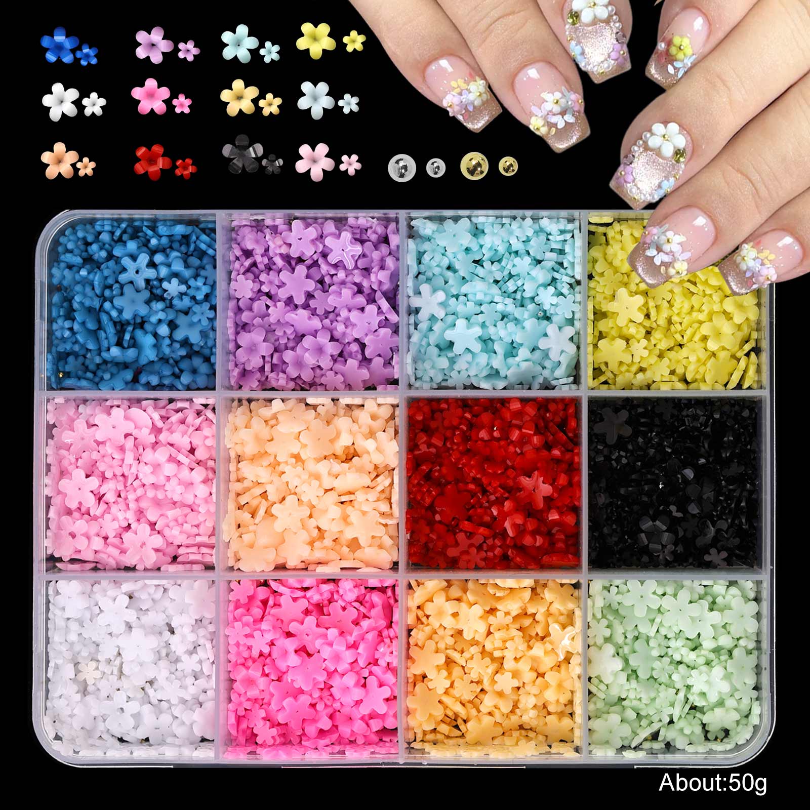 Multicolor five-petal flower nail art accessories, available in 6 compartments/12 compartments/24 compartments, ultra-thin cherry blossom petals, suitable for various styles of nail decoration, for professional nail salons