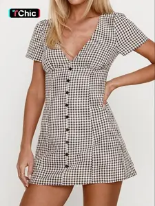 Women's Plaid Print Button Decor V Neck Dress Casual Fashion Short Sleeve Dress for Daily Outdoor Wear Ladies Clothes for All Seasons Sexy Shirt Mini Dress