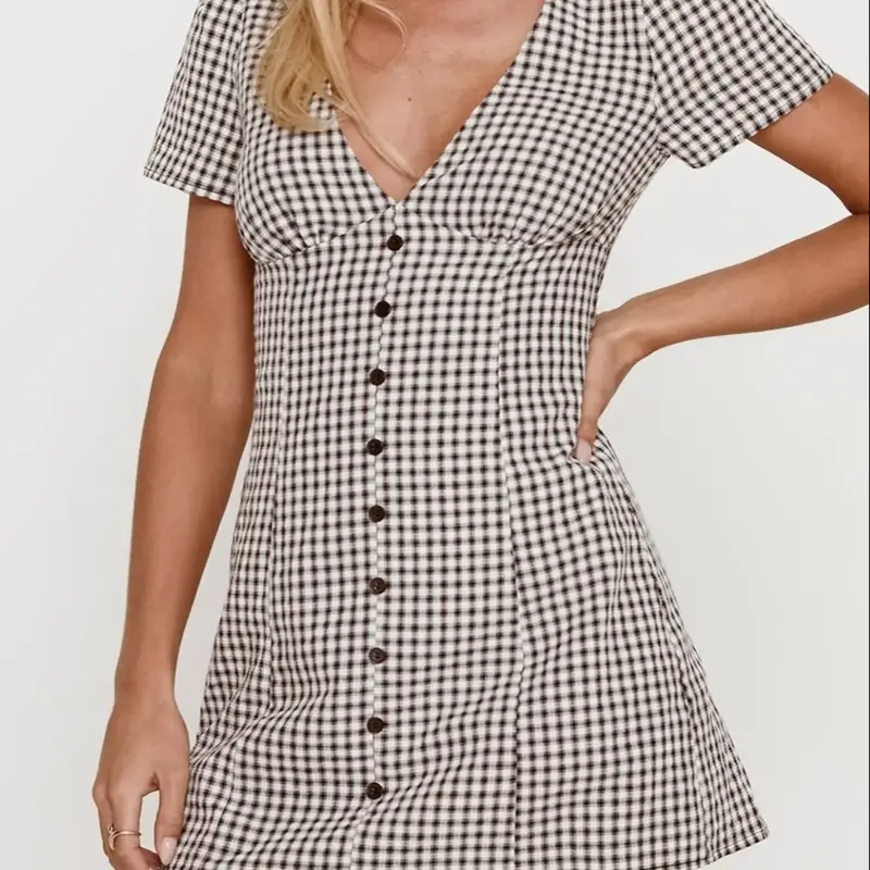 【Black Friday】Women's Gingham Print Plaid Button Decor V Neck Dress, Casual Fashion Short Sleeve Dress for Daily Outdoor Wear, Ladies Clothes for Summer, Mini Dress, Summer Dresses