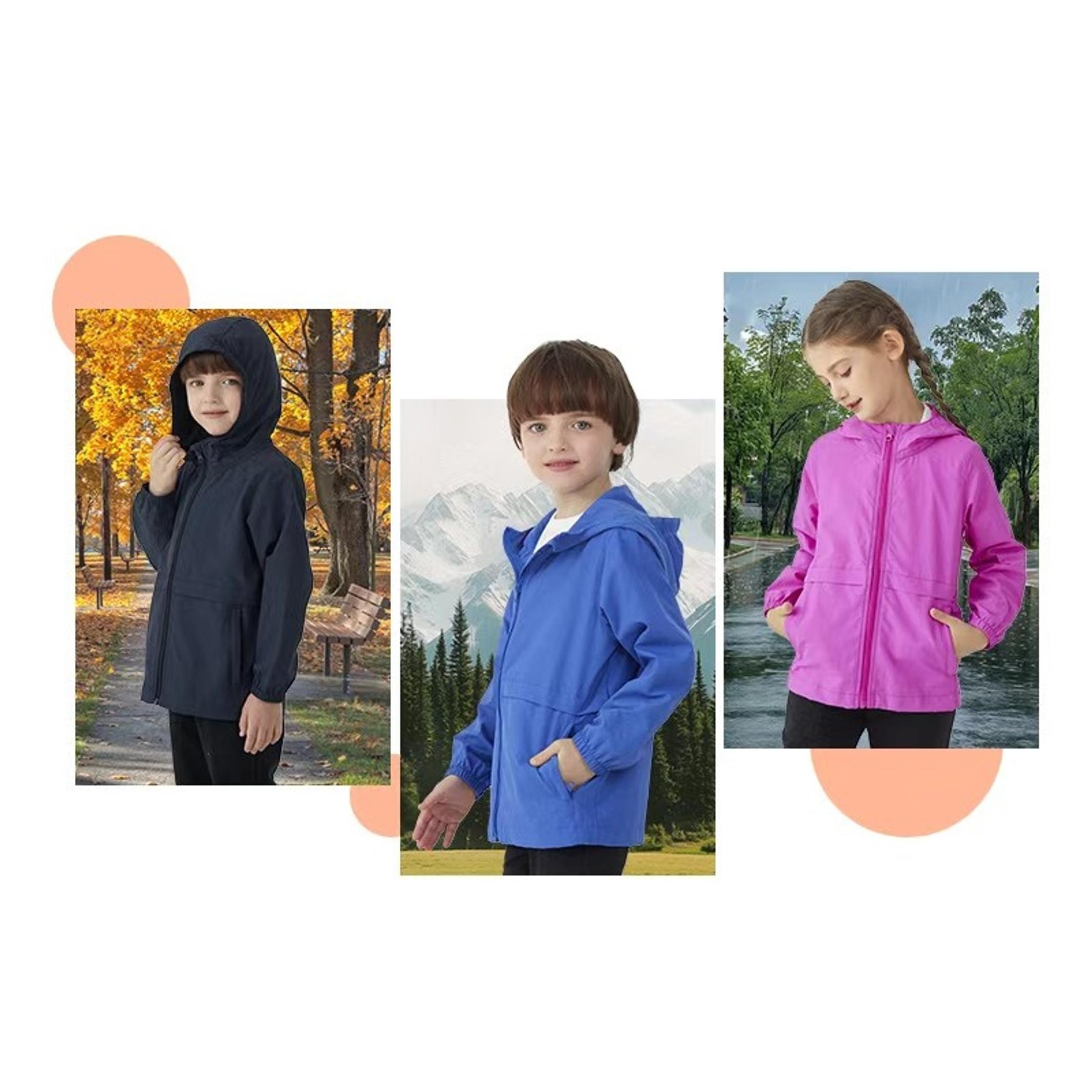 Boys Girls Hooded Windbreaker Jacket Lightweight Packable Rain Coat - Easy On, Soft Fabric, Zippered Pockets, Elastic Cuffs, Name Label, Ready for Changing Weather(Gift)