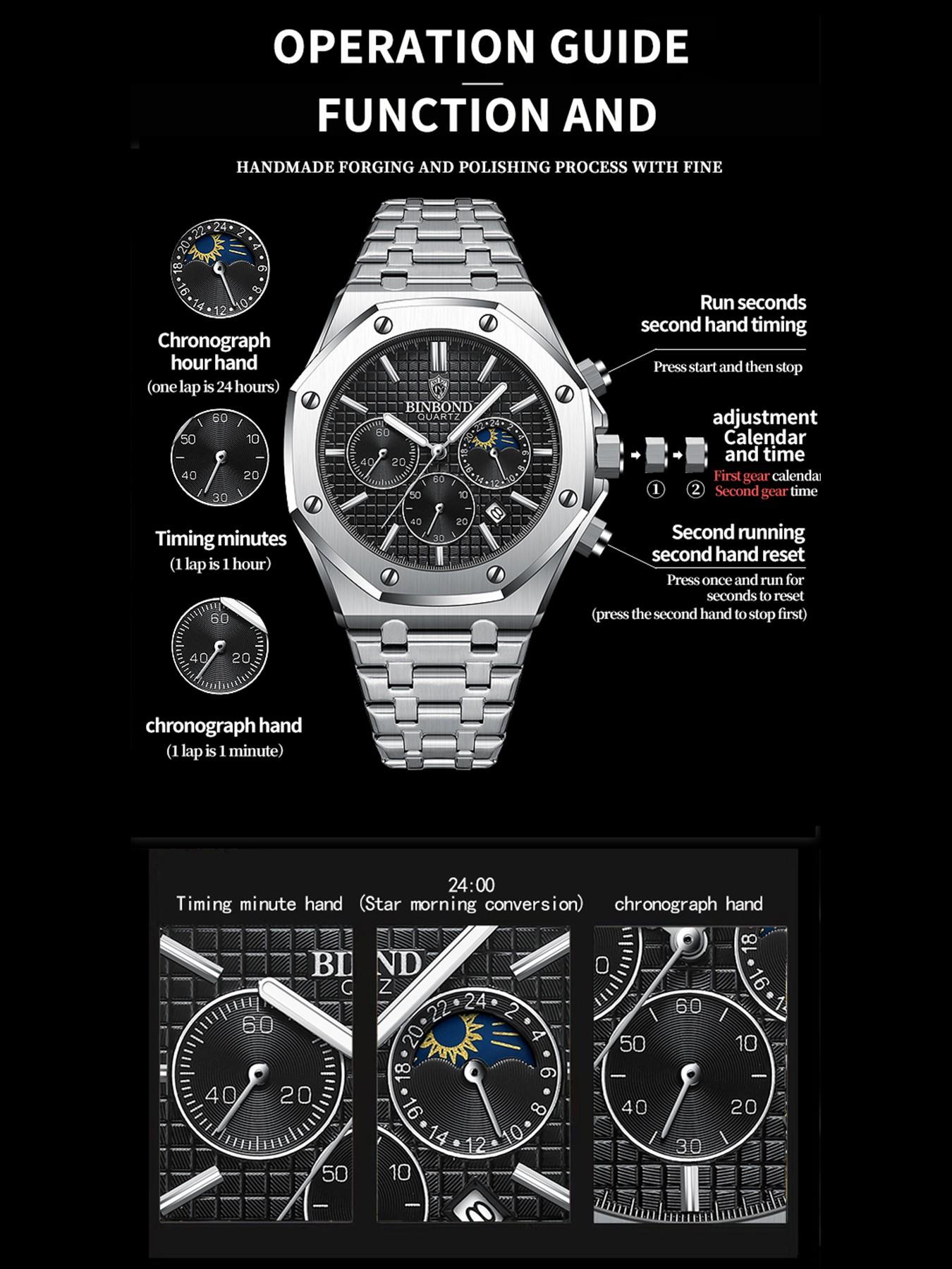 BINBOND Top Brand BO161 Men's Casual Watch Luminous Stainless Steel, Waterproof Men's Date Calendar Clock, Casual Business Round Dial Quartz Watch for Men, Fashion Stainless Steel Watches for Parties and Daily Wear, Versatile with Box