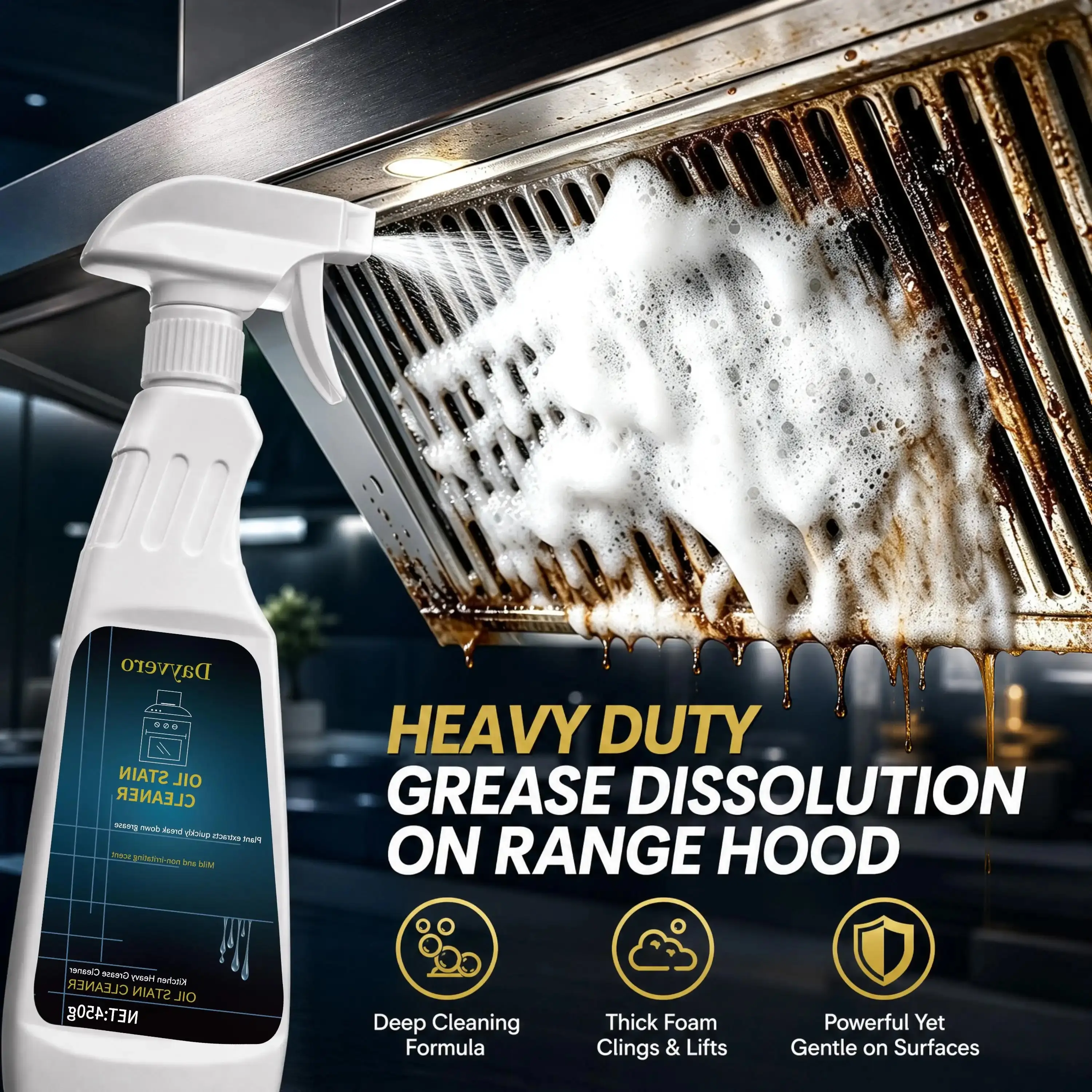 Kitchen Oil Stain Cleaner, Heavy Duty Fast-Acting Degreaser Liquid, Multi-Surface All-Purpose Grease Remover for Stove Range Hood Countertop, Fresh Scent, 450g Remover Tool kitchen cleaners household items lemon spray