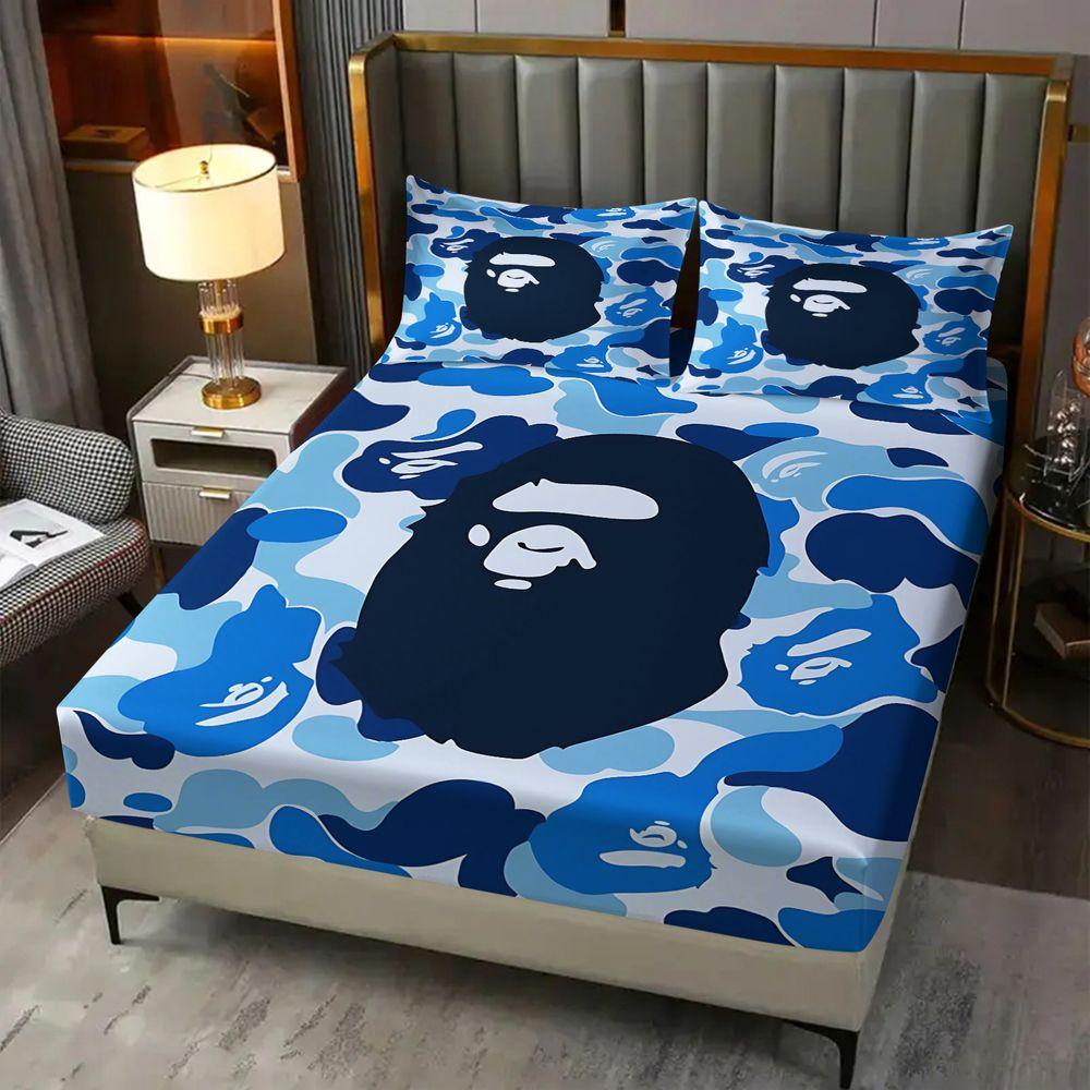 3Pcs Monkey Camo Fitted Sheet Set, Amoeba Pattern with Monkey Head Logos, Soft and Durable Bedding Fabric, Ideal for Modern Bedroom Style and Stylish Sleep Experience. Includes 2 Pillowcases, No Pillow Core, Bedsheet Sets