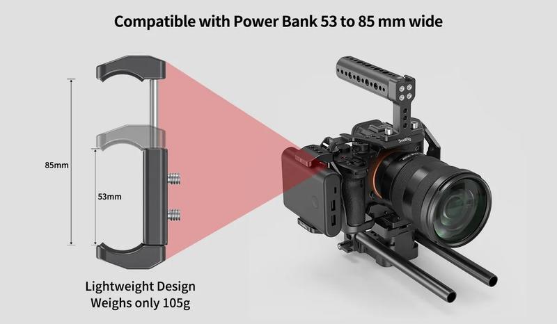 SMALLRIG Aluminum Power Bank Holder, Powerbank Mount Clamp Compatible with Width Range: 53 mm–84 mm (2.1–3.3 inches) and Thickness Range: 0 mm–18 mm (0–0.7 inch) Power Banks - BUB2336