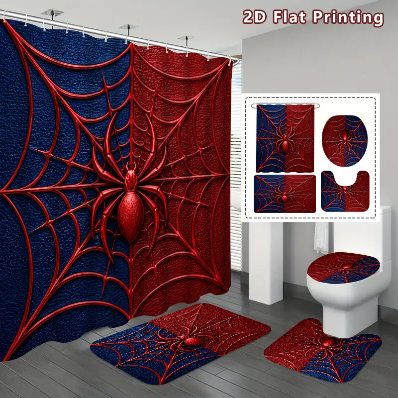 4-Piece spider web shower curtain set, red and blue spider web bathroom decoration, including bath mat, U-shaped mat, toilet cover cover, shower curtain with hook, spider lover, home decoration, bathroom accessories