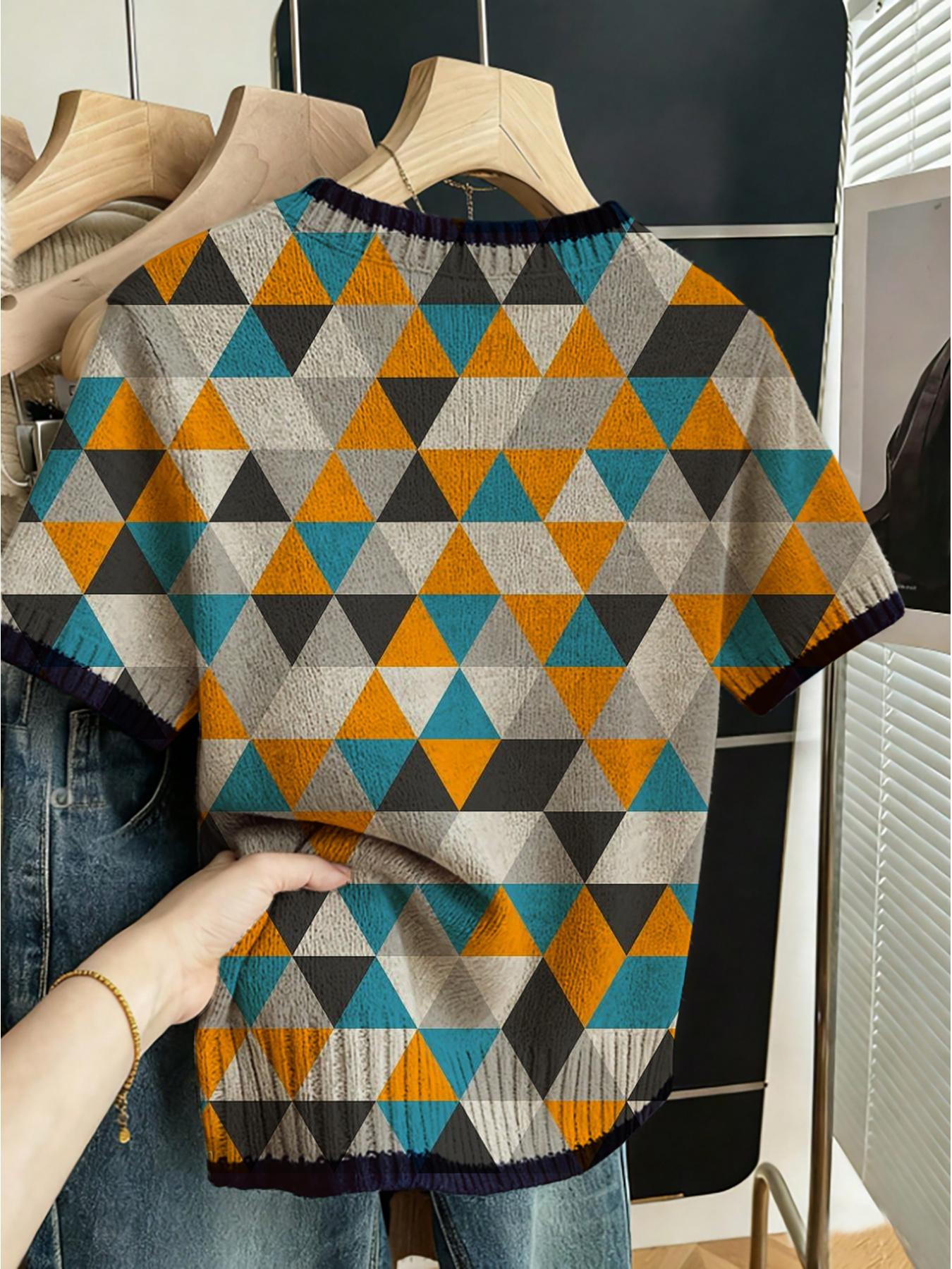 Geometric Triangle Patchwork Colorblock Sweater, Casual Short Sleeve Knit Top, Comfortable Warm Women's Clothing for Fall Winter