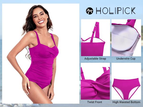 Holipick Two Piece Underwire Tankini Swimsuits for Women Tummy Control Tankini Top Bandeau Bathing Suits with Bottom Holipick Two Piece Underwire Tankini Swimsuits for Women Tummy Control Tankini Top Bandeau Bathing Suits with Bottom