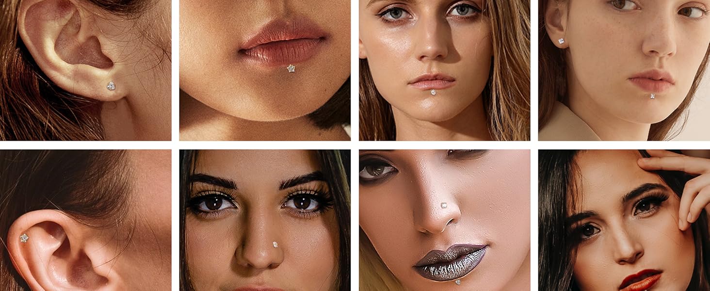 Morfetto 8Pcs 16G Helix Tragus Piercing Jewellery G23 Titanium Internally Threaded Labret Lip Studs Piercing CZ Nose Stud Helix Tragus Earrings Monroe Piercing Jewelry