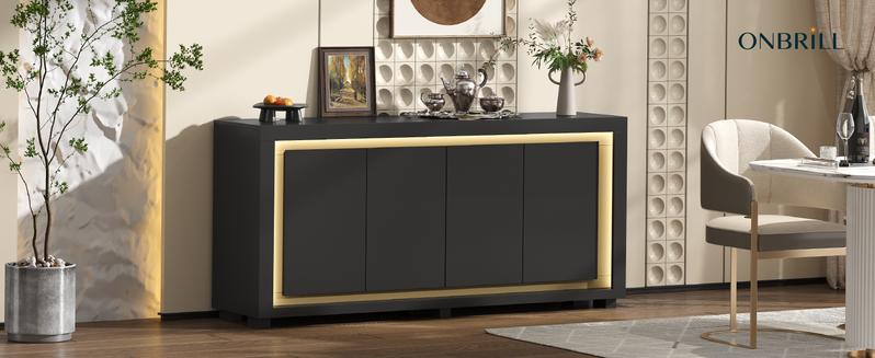 【Modern LED Storage Cabinet】ONBRILL 63"Sideboard Buffet Cabinet,Kitchen Buffet Storage Cabinet with Power Outlets & LED Light, Modern Storage Cabinet with 4 Doors,Coffee Bar Console Wine Bar for Living Room,Kitchen,Hallway