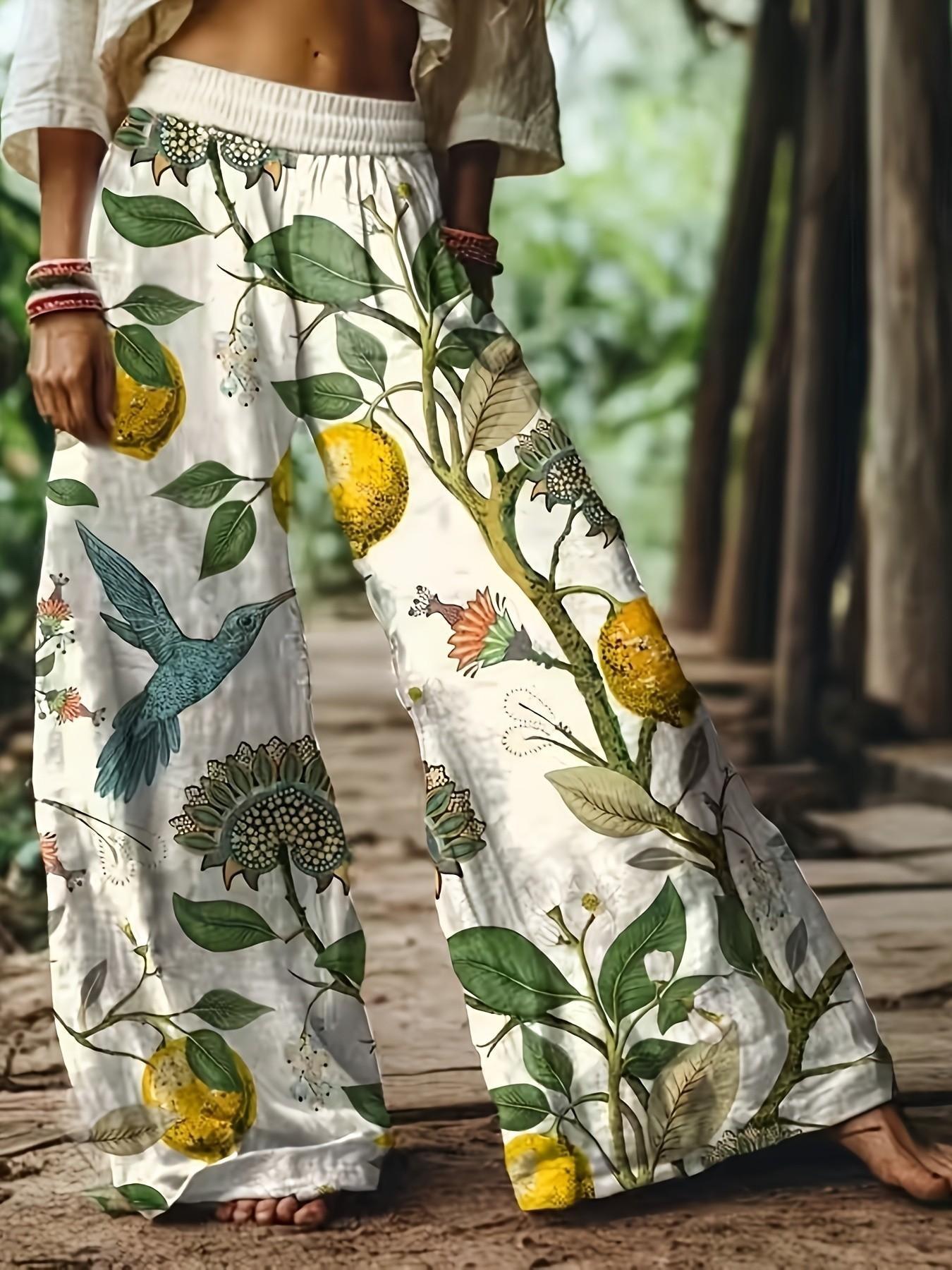 Women's Casual Bohemian Style Boho Floral Print Wide-Leg Loose Baggy Pants, Comfortable & Breathable Elastic Fabric, Ideal for Vacation, Home and Daily Wear, Suitable for Spring, Summer and Fall