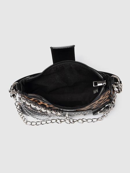 Women's PU Leather Shoulder Bag, Vintage Leopard Print Colorblock Crescent Clutch, Y2K Style Chain Decorated, Leopard Pocket