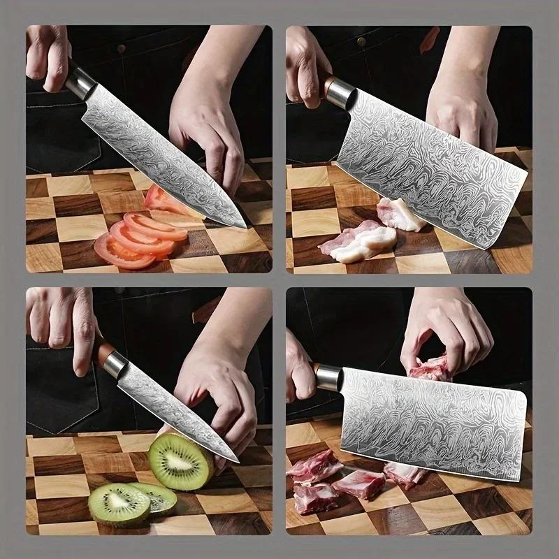 Japanese Style Laser Kitchen Knife Set, 4 Counts/set Multifunctional Chef Knife, Sharp Bone Cutting Knife, Practical Fruit Knife Cutting Tools