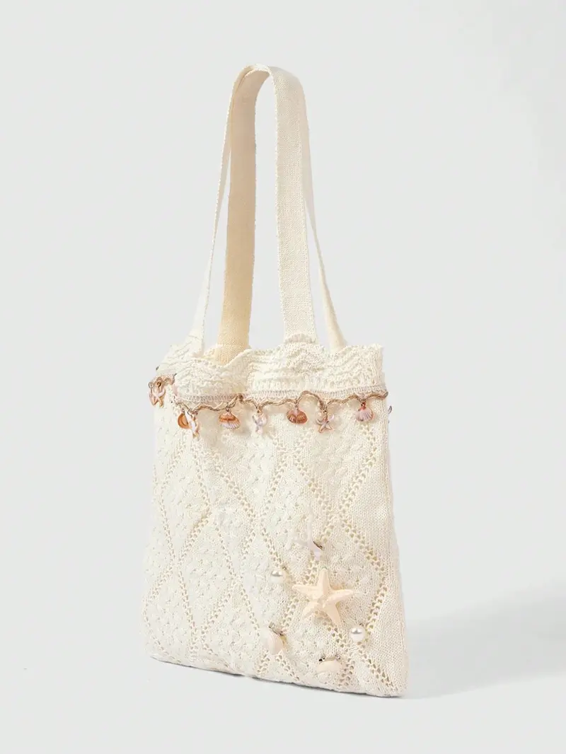 Fall Winter Vacation Starfish Shell Crochet Beach Bag, Woven Sand Satchel with Accessories, Fashionable Casual Lady Handbag Set, Fashionable Patterned Bag, Fashion Bags