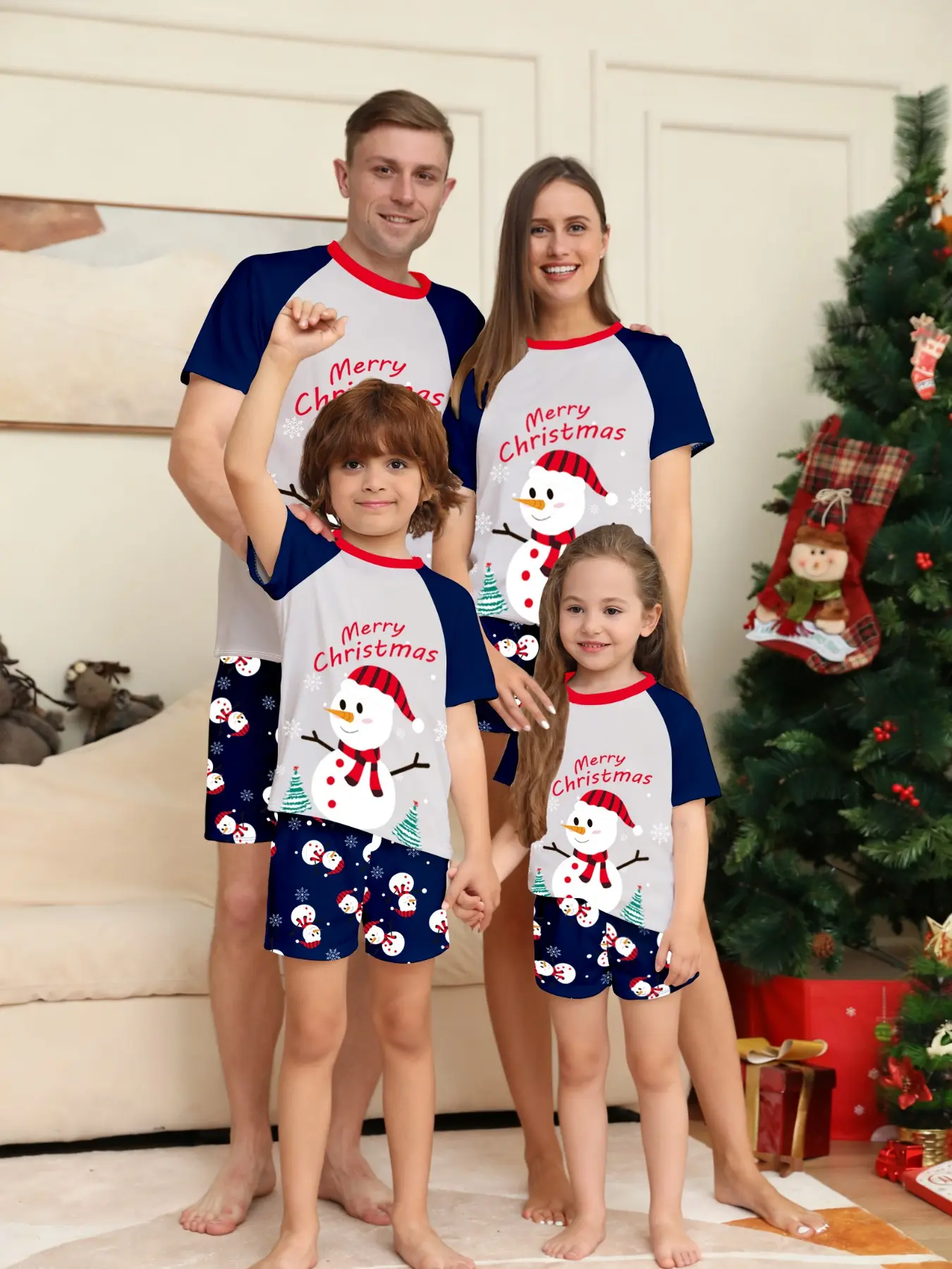 Christmas Family Pajamas Matching Sets,Family Pajamas Matching Sets,Christmas Pajamas Short Sleeve,2 PCS Sleepwear Sets,Couples Christmas Pajamas Set,Navy‑White Raglan Snowman Matching PJs for Parents & Kids