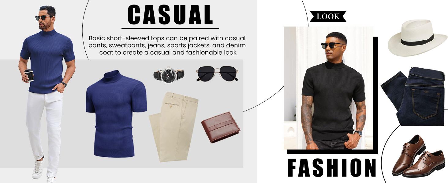COOFANDY B Men's Mock Turtleneck Sweater Short Sleeve Casual Basic Tops Ribbed Knit Pullover Solid Tee