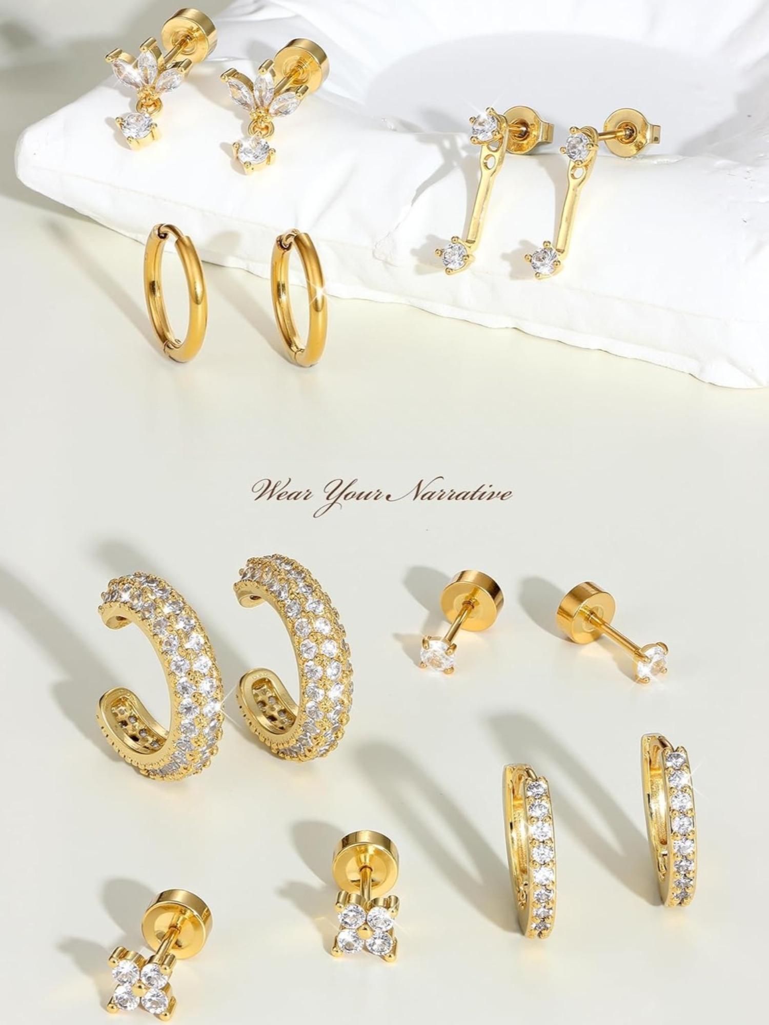 Versatile 24 Pcs Golden Shining Earrings Set Trendy Helix Piercings Surgical Steel Copper for Women Men Small Hoop Earrings with Chain Flat Back Stud Earrings Cartilage Conch Rook Tragus Piercing Earrings