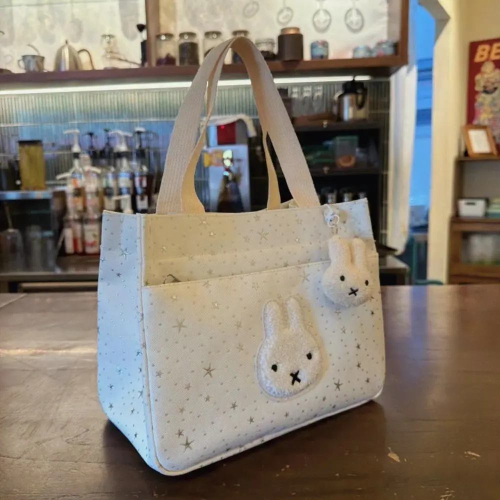 Miffy Rabbit Star Print Tote Bag Cute Plush Pendant Handbag Women Daily Commute Lunch Bag Student Casual Shoulder Purse