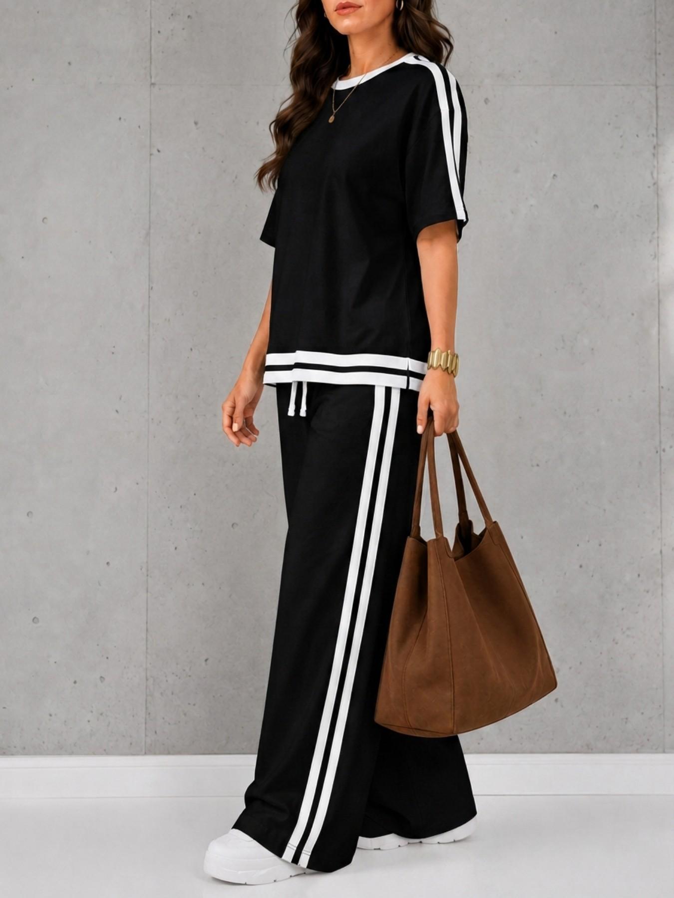 Women's Casual Sportswear Set, Plain Round Neck Short Sleeve T-Shirt and Striped Pants, Spring Summer Two-Piece, All Seasons, Loose Casual Athleisure