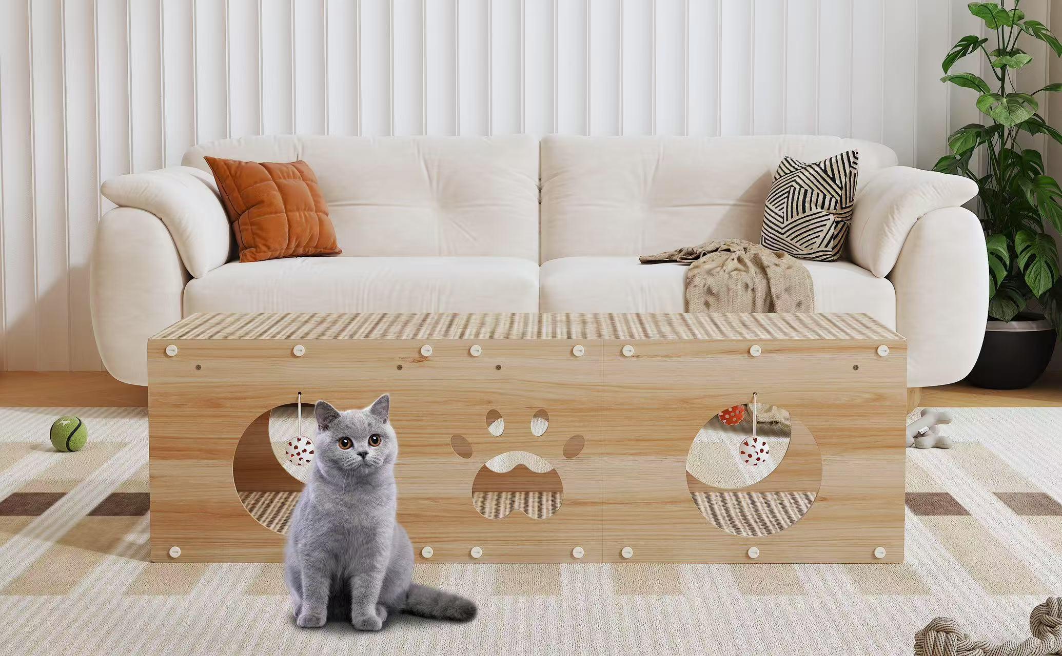 IRONCK 39" Long Large Wooden Cat House & Scratcher with Ball Toy | 2-in-1 Pet Furniture for Indoor Cats, Durable Cat Bed & Playhouse