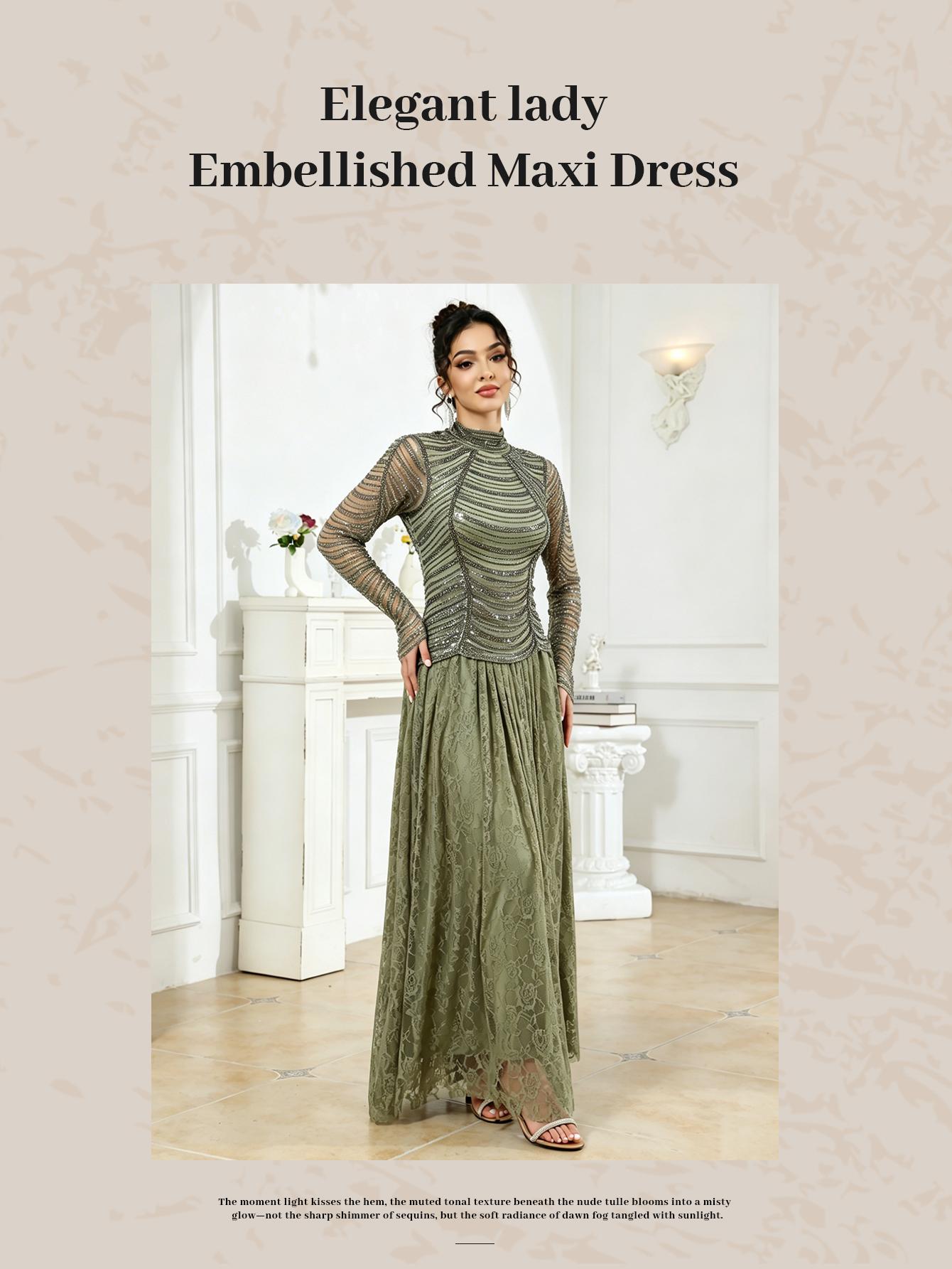 Women's Sheer Long Sleeve Maxi Dress, Floral Lace Embellished Elegant Evening Gown, Perfect for Wedding and Graduation, Festival Wear