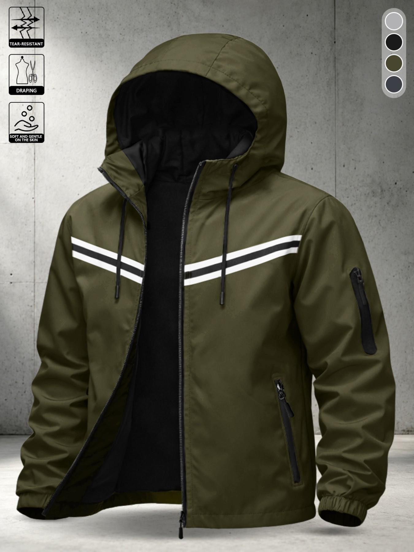 Men's Minimalist Daily Loose Fit Hooded Flying Jacket, Long Sleeve Print Casual Outerwear, All Seasons Short Open Front Coat