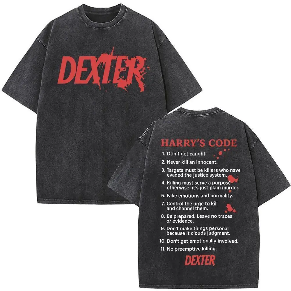 Dexter Morgan Harry's Code Gothic Print T-Shirt for Men, Streetwear Button-Accent Loose-Fit Cut Vintage Cotton Casual Oversized Top
