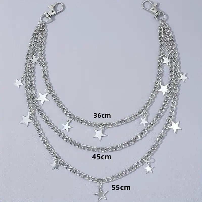 Unisex Layered Silver Decorative Waist Chain - Punk No-Buckle Metal Pant Belt with Star, Pentagram Charms for Adults