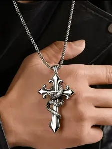 Men's Vintage Snake Wrapped Cross Pendant Necklace, Gothic Punk Style, Stainless Steel, 60cm Chain, Unique Design Jewelry