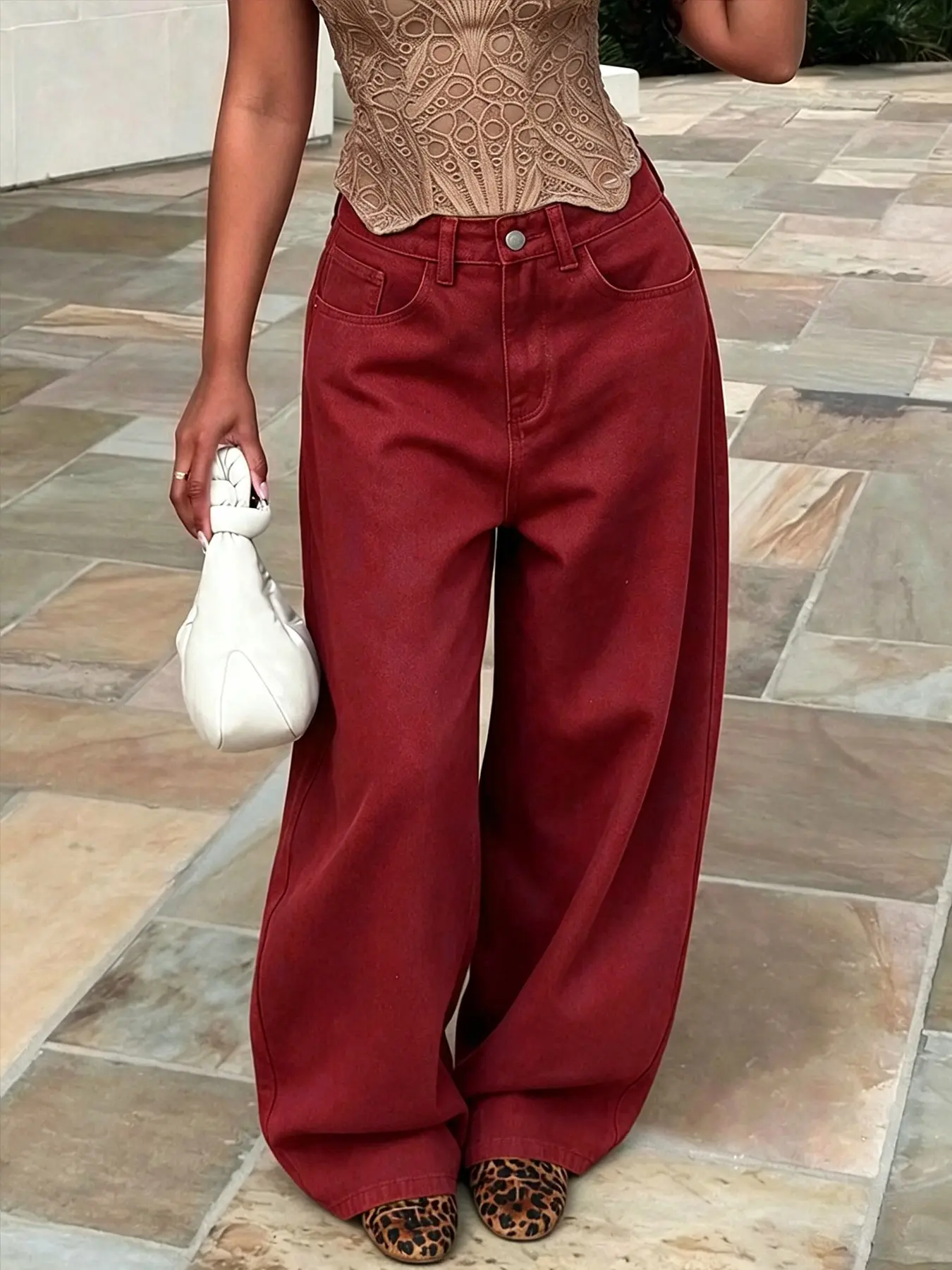 High Waisted Wide Leg Jeans Pants Women Burgundy Washed Loose Fit Palazzo Puddle Minimalist Clean Girl Old Money Elegant Casual Going Out Date Night Brunch Weekend Holiday Party (Excluding belts and accessories)