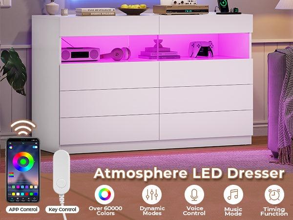 Sikaic Dresser for Bedroom with LED Lights Charging Station Modern Double Wide Drawer Organizer Cabinet Furniture Organization Amplified Storage Space
