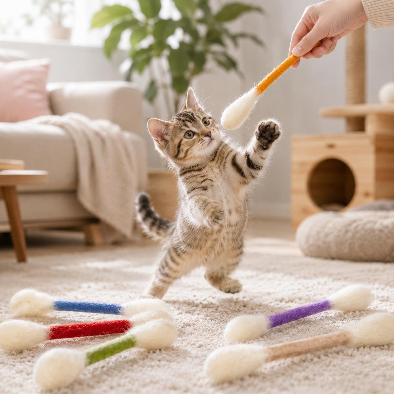 6 Pack Giant Cotton Swab Shaped Cat Toys, Soft Felt Teething Sticks, Durable Interactive Indoor Kitten Chew Toys, Anxiety & Boredom Relief Pet Accessories, Dental Cleaning Play Toys for Daily Cat Entertainment-YY1