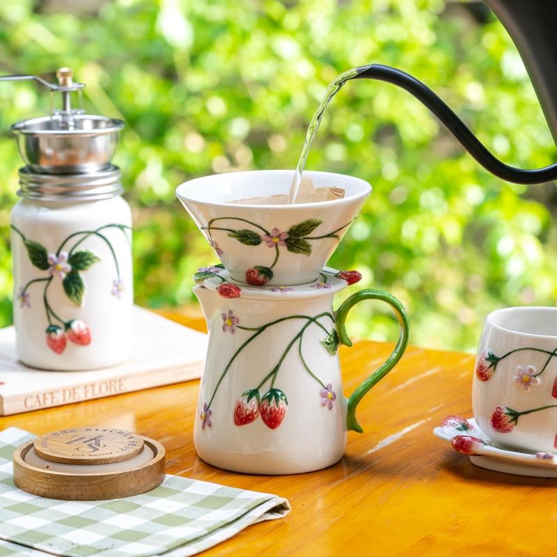 Strawberry Ceramic Hand-Crank Coffee Grinder Set, Home Manual Pour-Over Coffee Maker, Milk Jug, Cup & Saucer Series